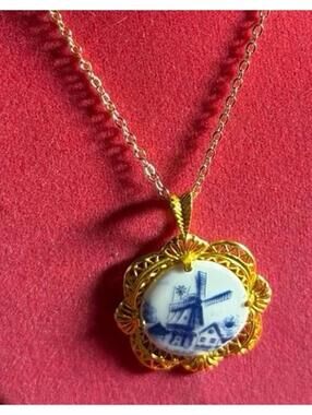 Necklace hand painted blue and white windmill scene from Germany with mark 18”